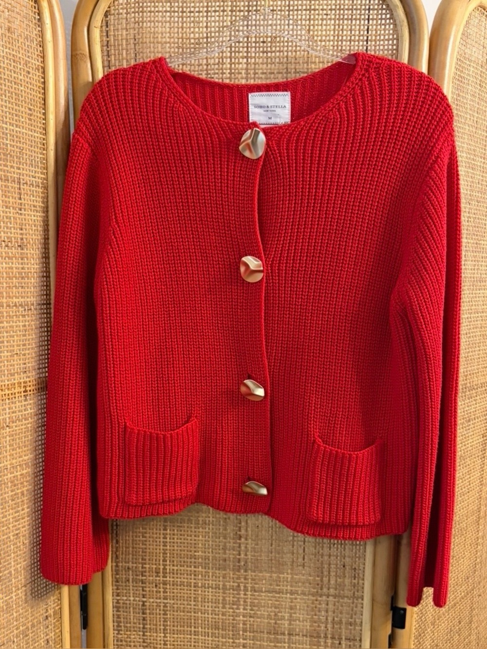 Bright Red Knit Button-Front Cardigan with Gold Buttons